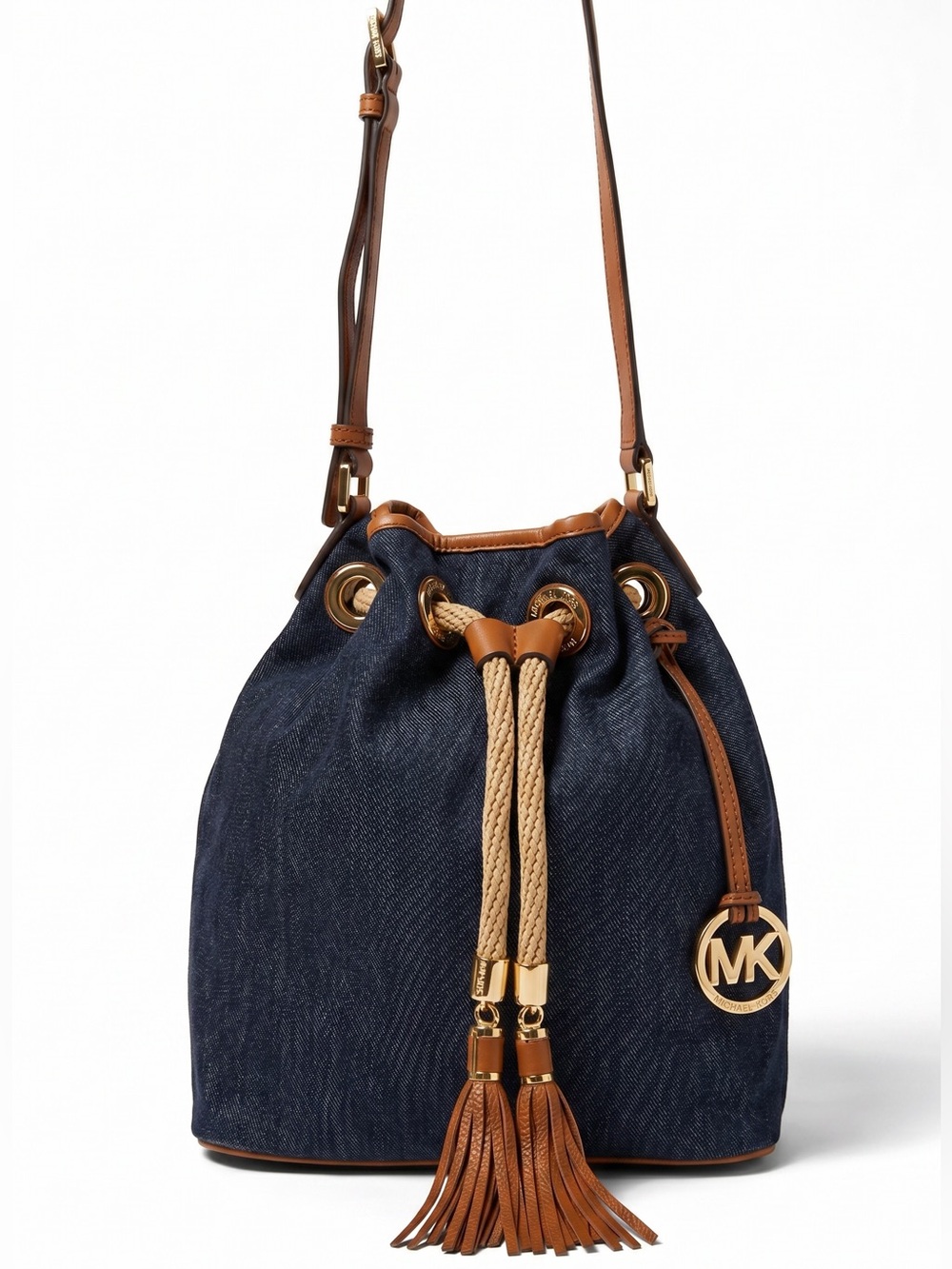 Michael Kors Marina Large Denim Drawstring Bucket Crossbody Bag w/ Branded Dusty - Picture 7 of 16